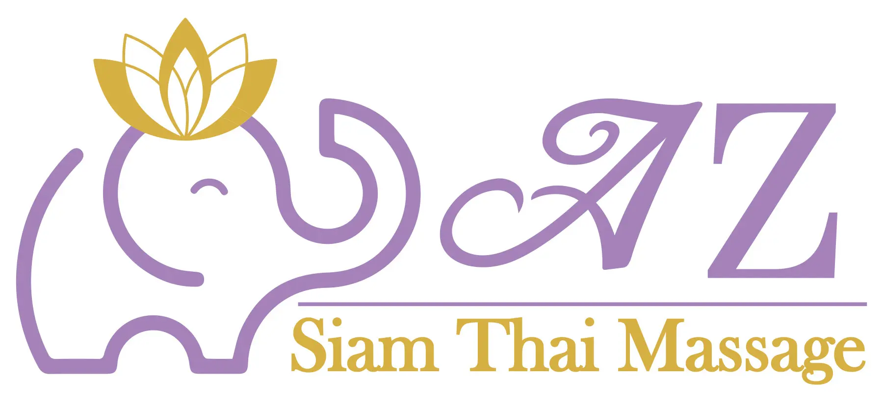 A purple and yellow logo for siam thai massage.